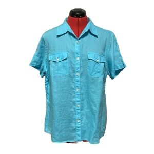 Women’s L.L. Bean Turquoise Short Sleeve Button Down Shirt Size XL.